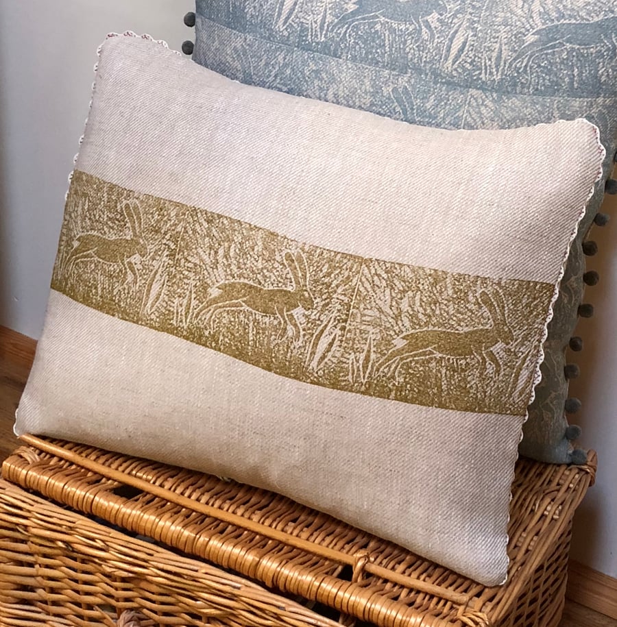 Decorative Hand Printed Cushion-Leaping Wild Hare