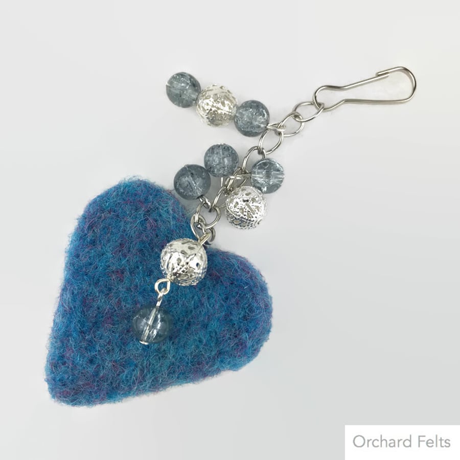 Blue and silver beaded needle felted heart bag charm, valentines gift