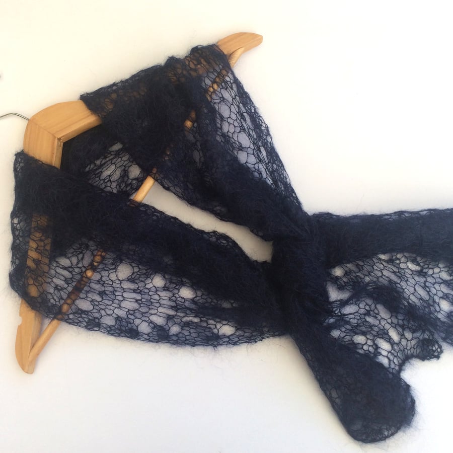Navy Blue lace scarf hand knit in kid mohair