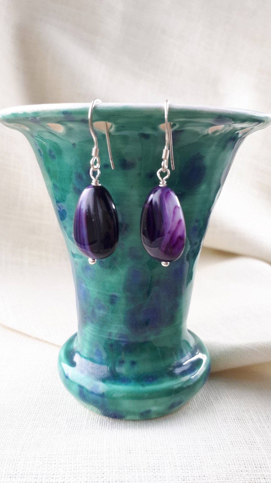 Blackcurrant purple agate teardrop beads 925 silver earrings