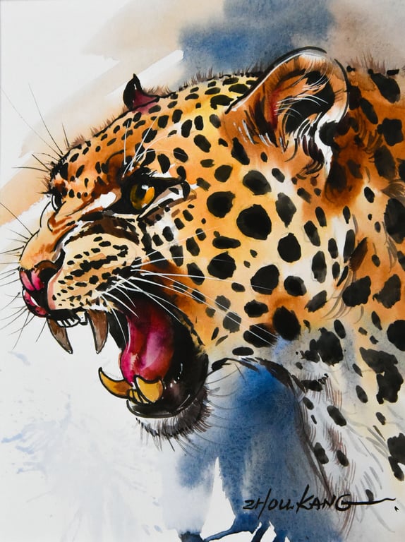 Watercolour Painting of a Fierce Leopard on Paper and Framed (One of a Kind)
