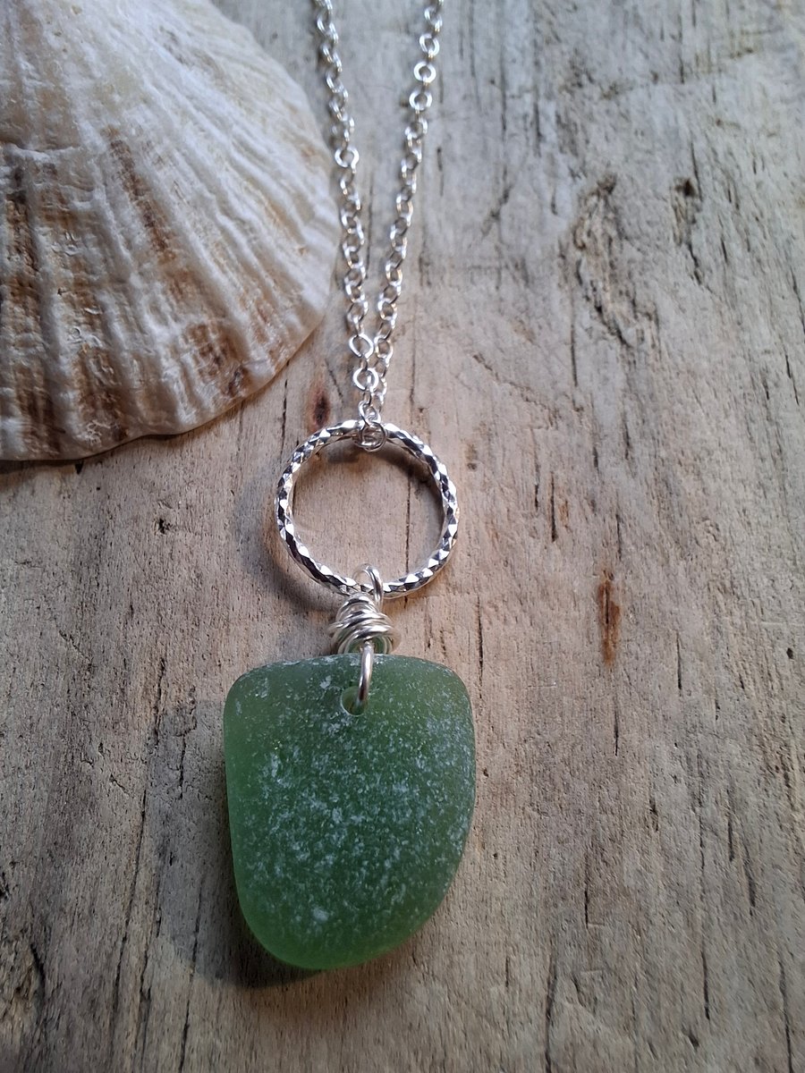 Bright Green Marazion Sea Glass Diamond Cut Ring Necklace Sterling Silver N676