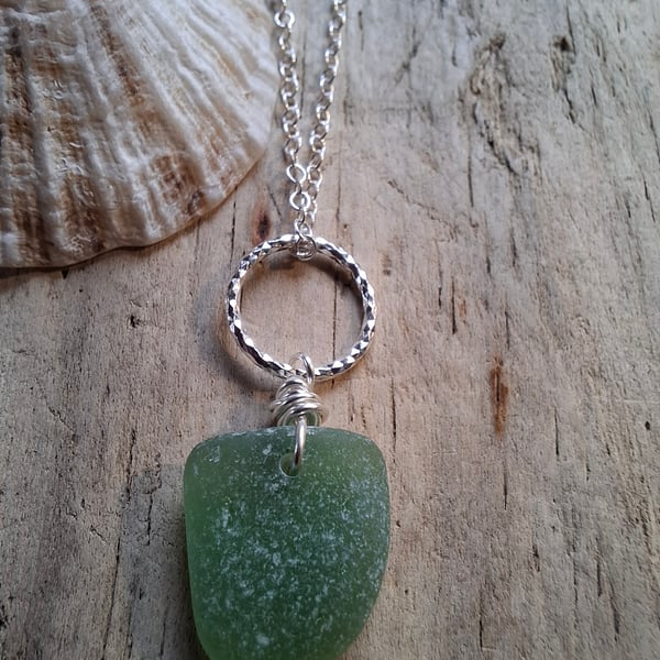 Bright Green Marazion Sea Glass Diamond Cut Ring Necklace Sterling Silver N676