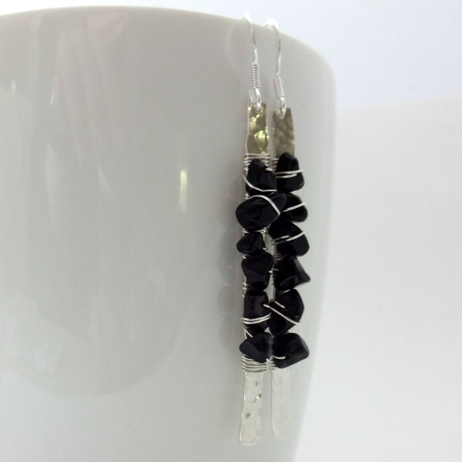 Hammered Silver Bar Earrings with Onyx