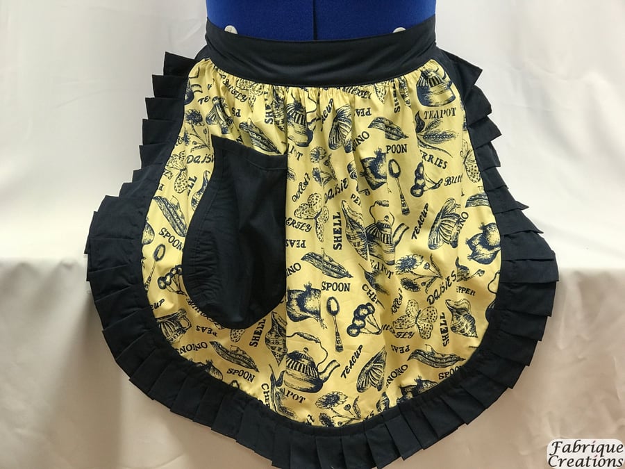 Vintage 50s Style Half Apron Pinny - Yellow Kitchen Theme with Navy Trim