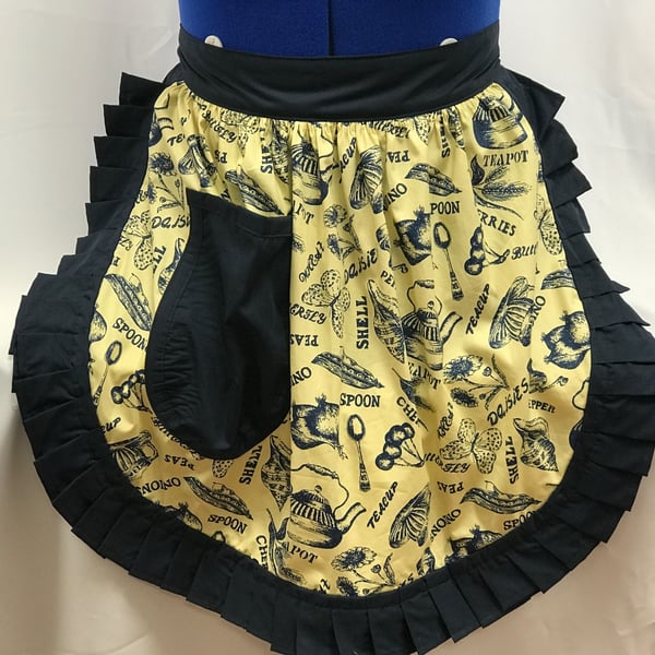Vintage 50s Style Half Apron Pinny - Yellow Kitchen Theme with Navy Trim
