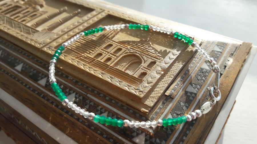 Green Onyx, White Topaz and Sterling Silver Bracelet With Your Choice of Charm