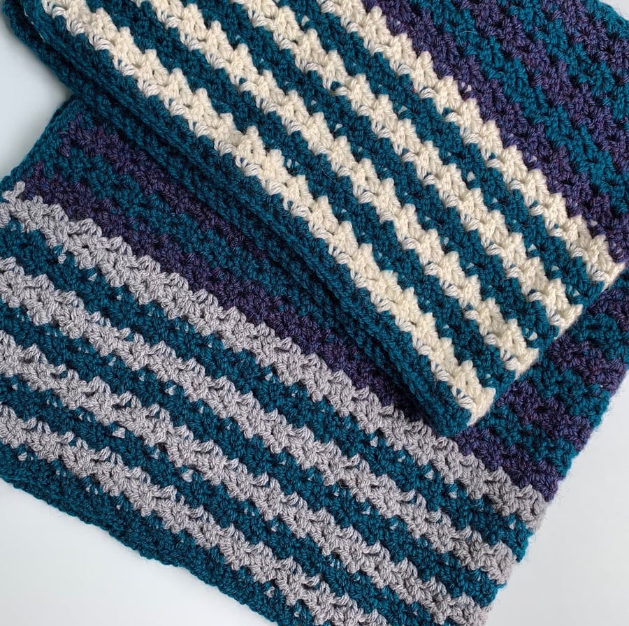 Crochet Baby Blanket - Purple, Turquoise and Grey Stripes
