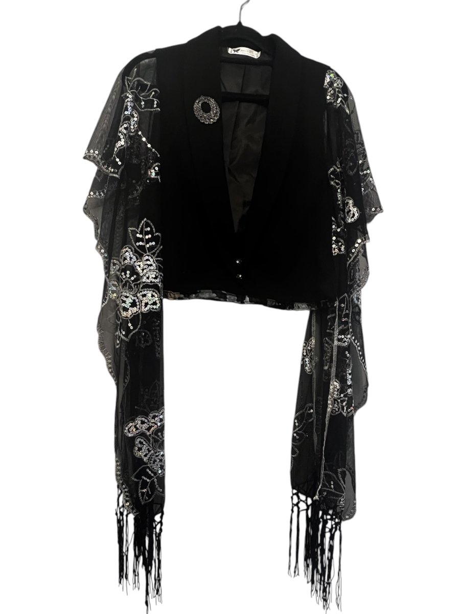 Image of Upcycled Black Silver Sequin Blazer Cape Gothic Boho Alternative Statement Wear
