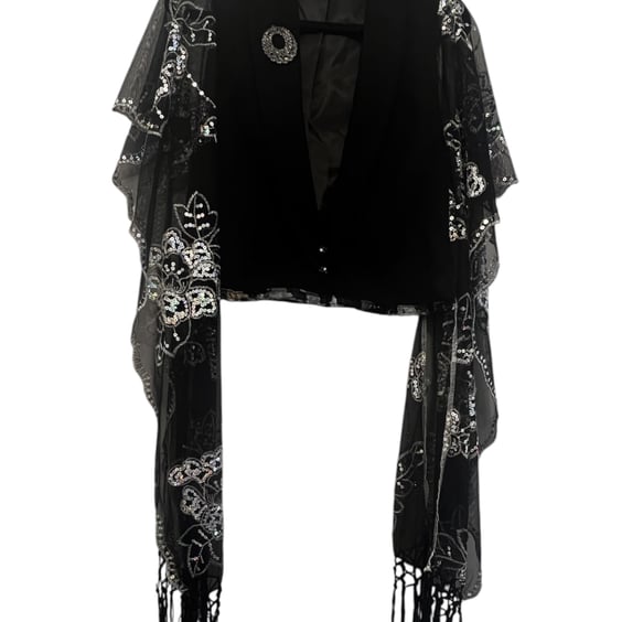 Upcycled Black Silver Sequin Blazer Cape Gothic Boho Alternative Statement Wear
