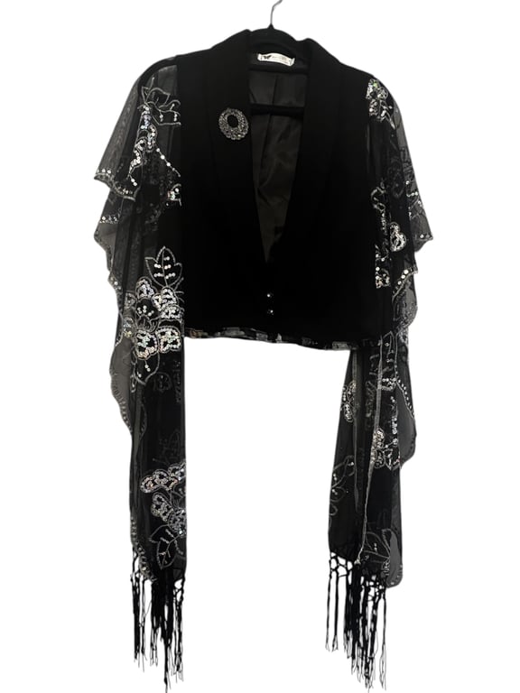 Upcycled Black Silver Sequin Blazer Cape Gothic Boho Alternative Statement Wear