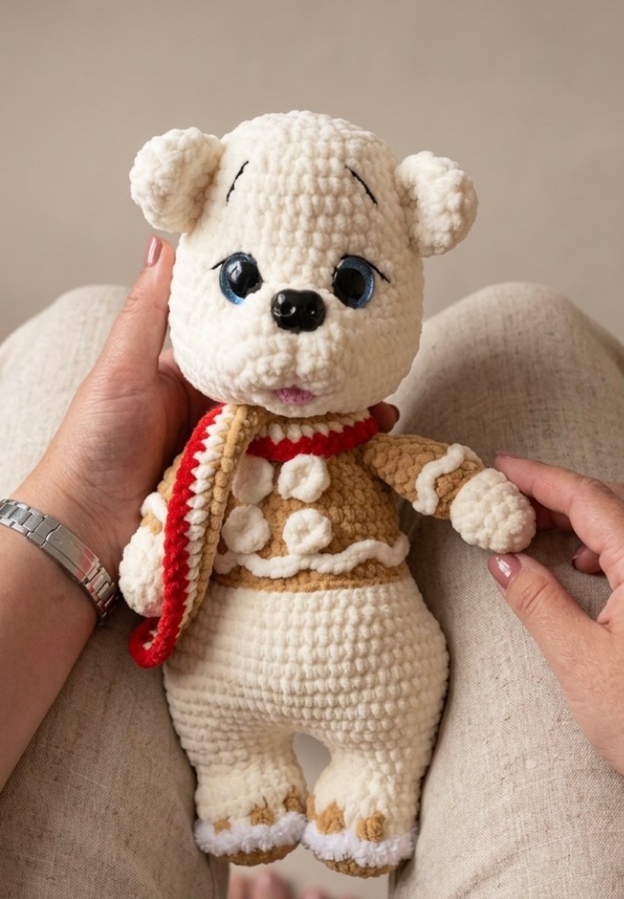 Handmade Crochet Amigurumi Christmas Polar Bear With Earmuffs Soft Plushie Toy