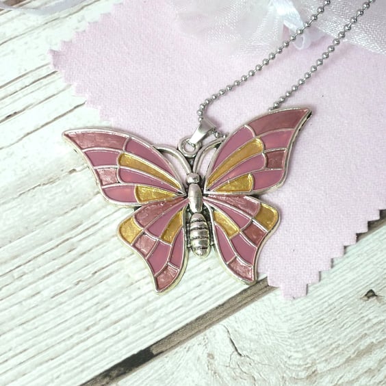 Pink butterfly pendant in dusty pink, rose gold and gold enamel, necklace gift