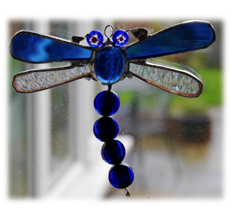 Dragonfly Suncatcher Stained Glass Blue Bead-Tailed  