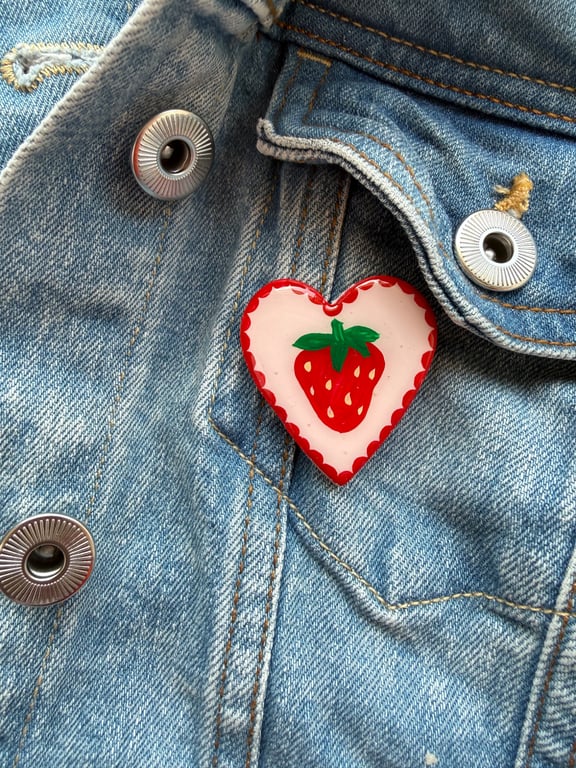 Strawberry Heart Polymer Clay Pin Badge