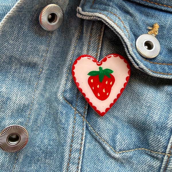 Strawberry Heart Polymer Clay Pin Badge