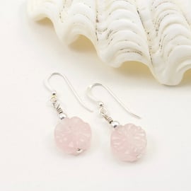 Rose Quartz Flower and Silver Drop Earrings