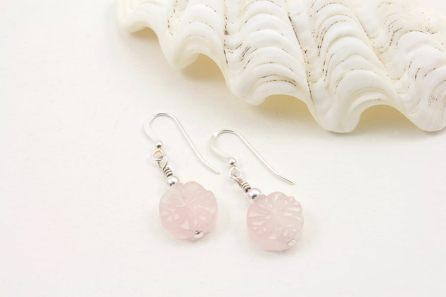 Rose Quartz Flower and Silver Drop Earrings