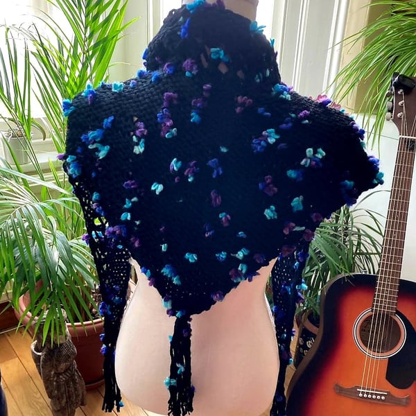 Alize hand crochet black shawlbulky yarn boho style blue flowered triangle shawl