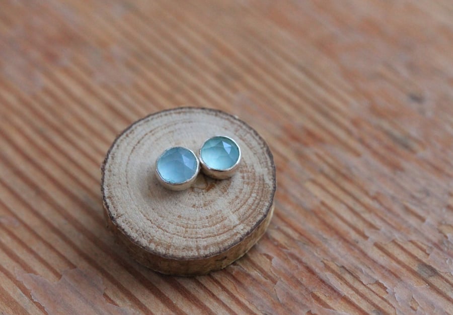 Aqua Stone Earrings - Faceted Aqua Chalcedony - Handmade Stud Earrings