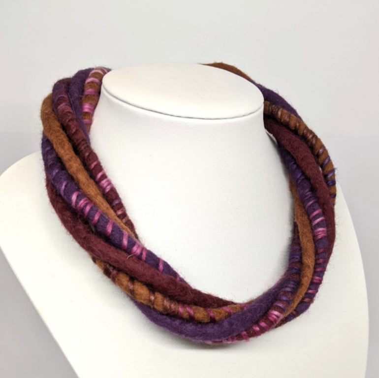 The Wrapped Twist: felted cord necklace in muted autumnal shades