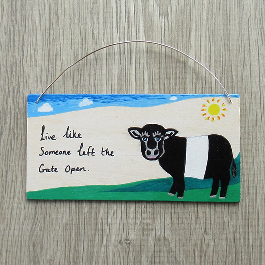 Wooden mini plaque – Belted Galloway cow