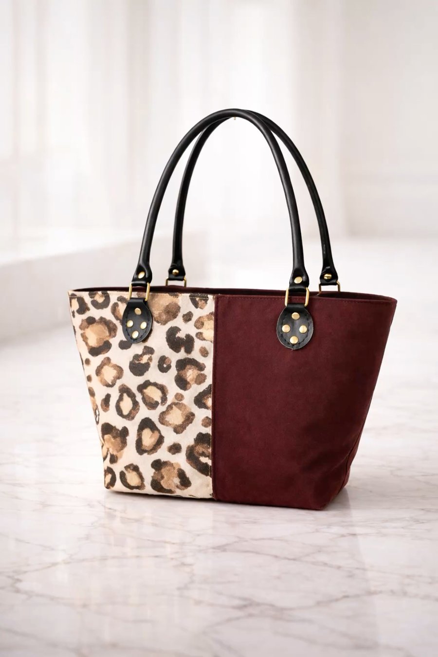  Leopard print and dry oilskin handcrafted structured shoulder bag