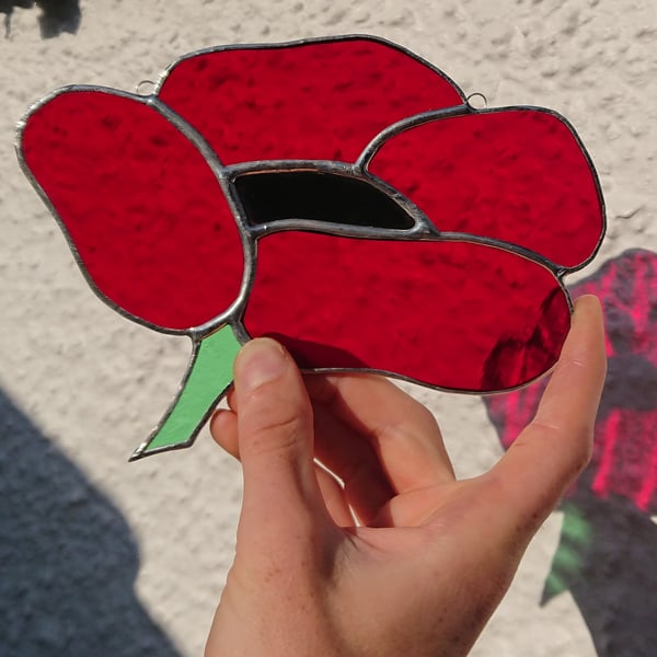 Stained glass poppy, large ruby red flower copperfoil suncatcher