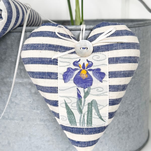 IRIS FABRIC HEART DECORATION - indigo stripes