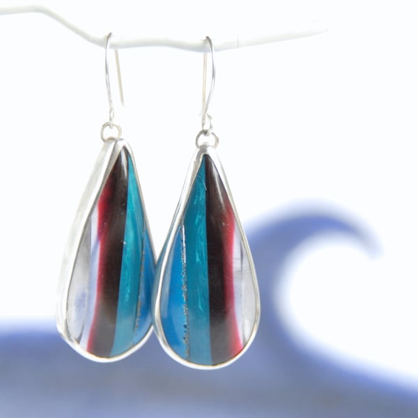 Cornish surfite earrings - teal and maroon stripes