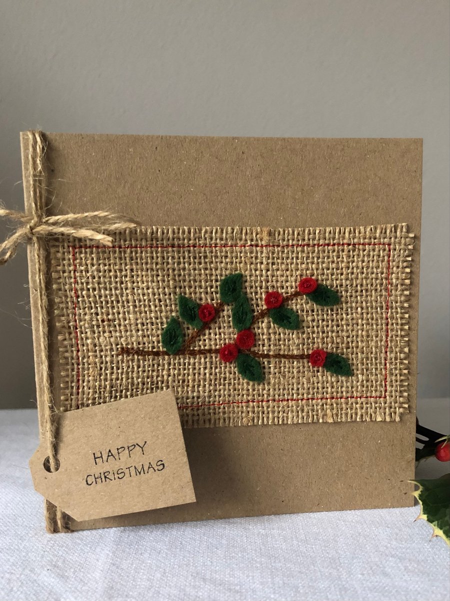Festive branch with red berries. Felt, handmade Christmas card.