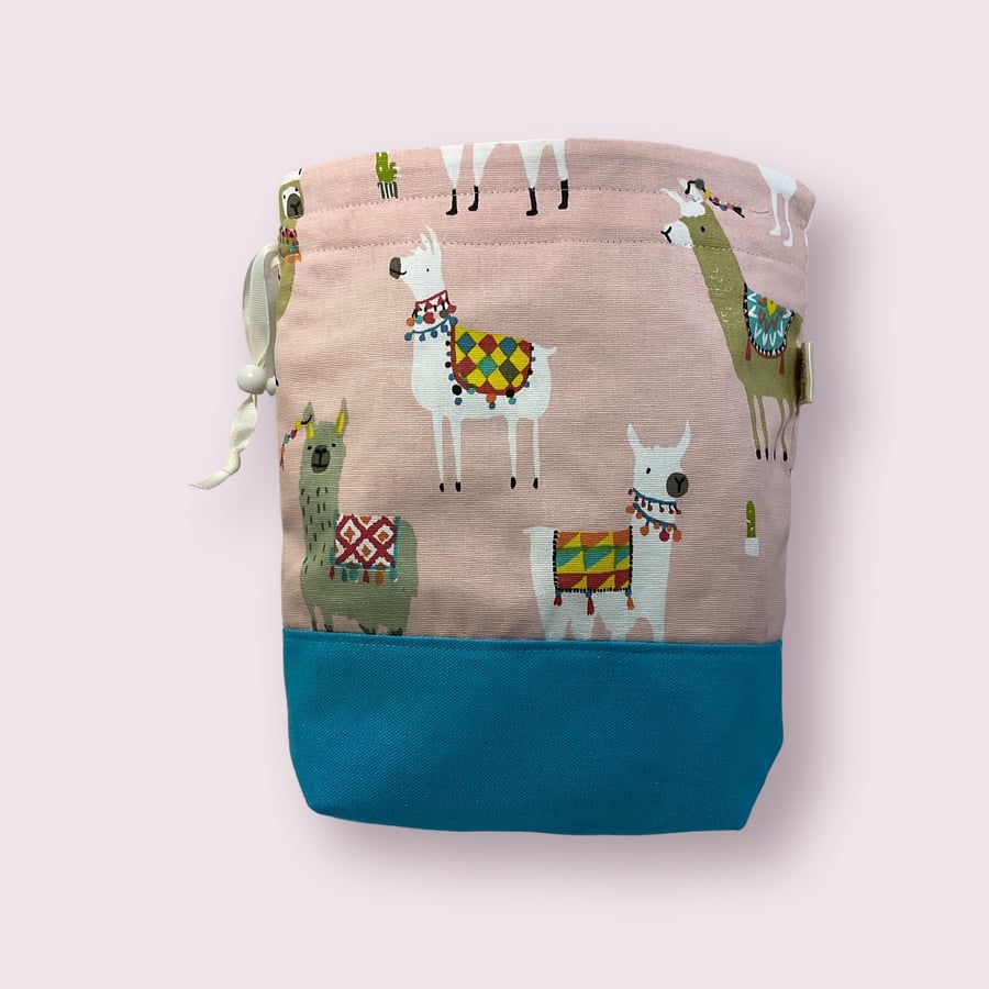 two at a time knitting bag with llamas, sock sack, drawstring divided pouch, 
