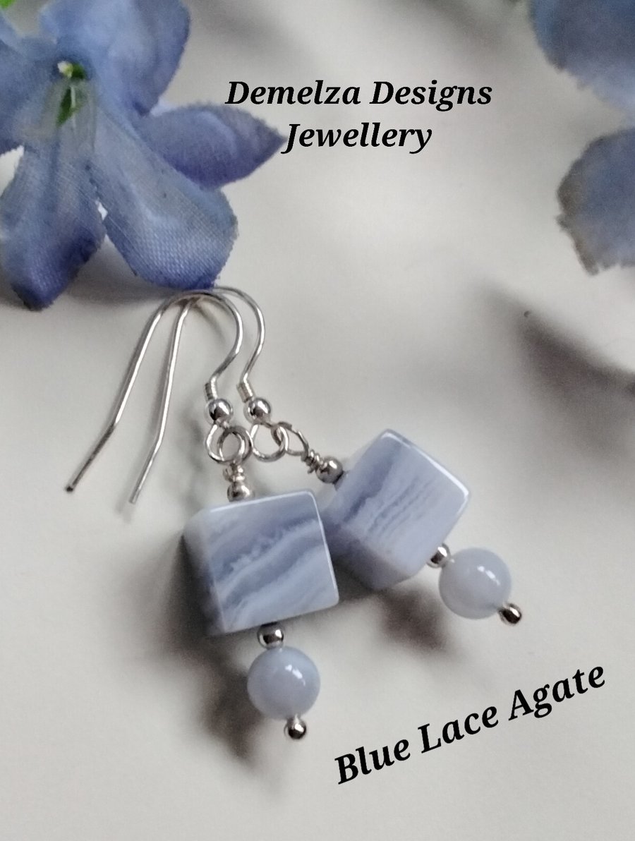Natural 28.40ct Blue Lace Agate Sterling Silver Earrings 