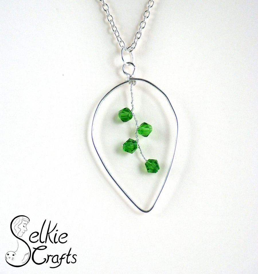 Silver Leaf Necklace With Green Crystals