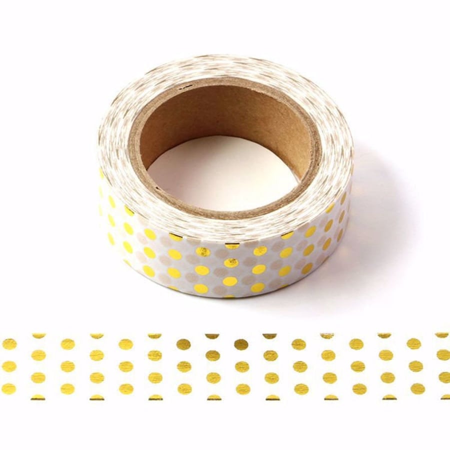 White and Gold Foil Polka Dots Decorative Washi Tape 15mm x 10 Meters Bullet Jou