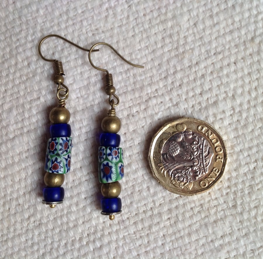 Earrings with rare, delicate, antique Venetian millefiori trade beads 