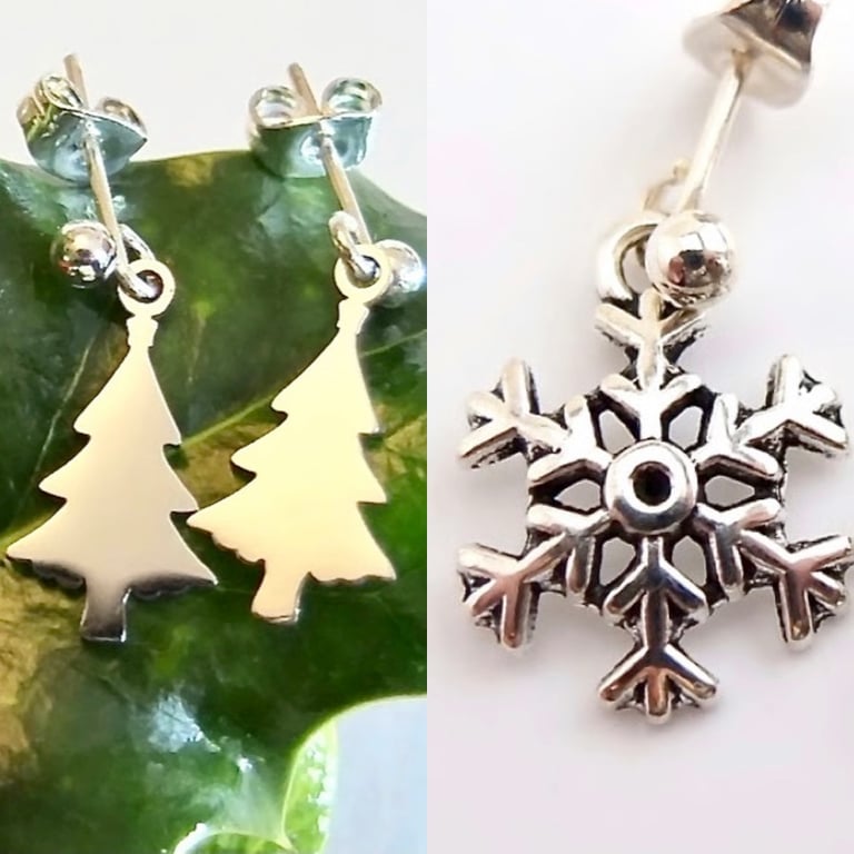 Christmas Stud Earrings 2-Pack, Tree & Snowflake Silver Charm, Secret Santa Gift
