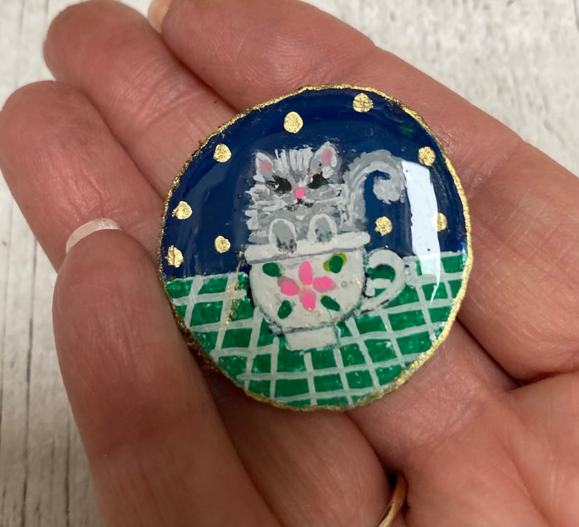 Persian Kitten In A Teacup Hand Painted Wood Slice Brooch Pin