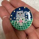 Persian Kitten In A Teacup Hand Painted Wood Slice Brooch Pin