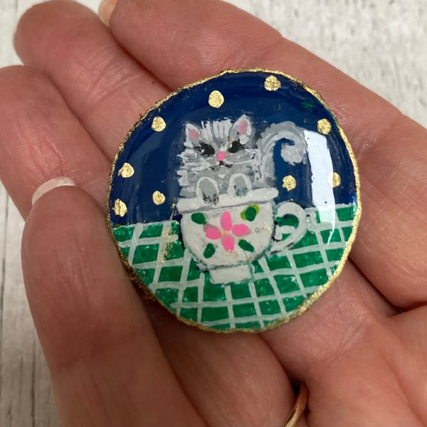 Persian Kitten In A Teacup Hand Painted Wood Slice Brooch Pin