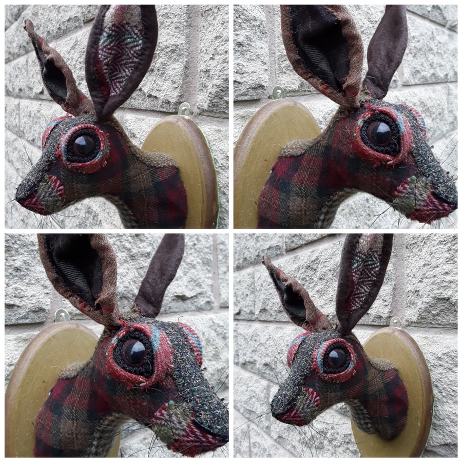 Hare head tweed and tartan  faux taxidermy