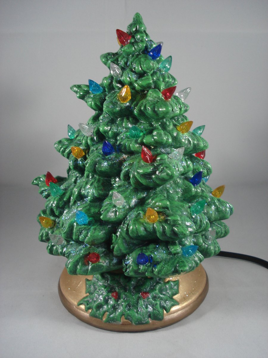 Small Ceramic Handmade Green Xmas Christmas Tree Table Lamp Light Decoration.