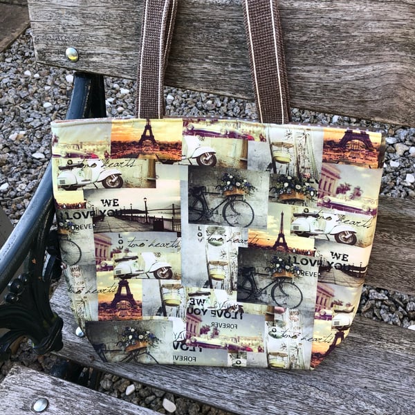 Paris Themed Fabric Tote Bag.