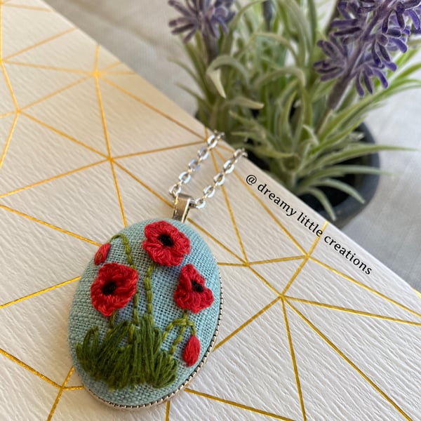 Poppy necklace,Embroidered necklace,Necklace,Floral necklace