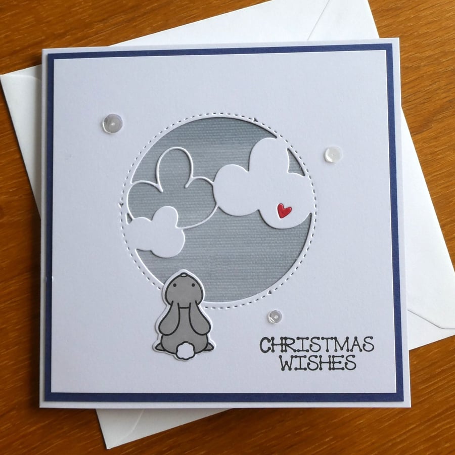 Christmas Wishes Card - Rabbit With Clouds - Stormy Blue