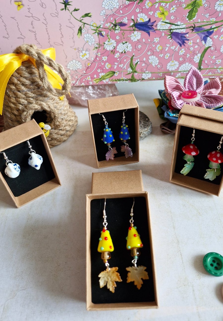 Autumnal Mushroom Earrings With Leaves.