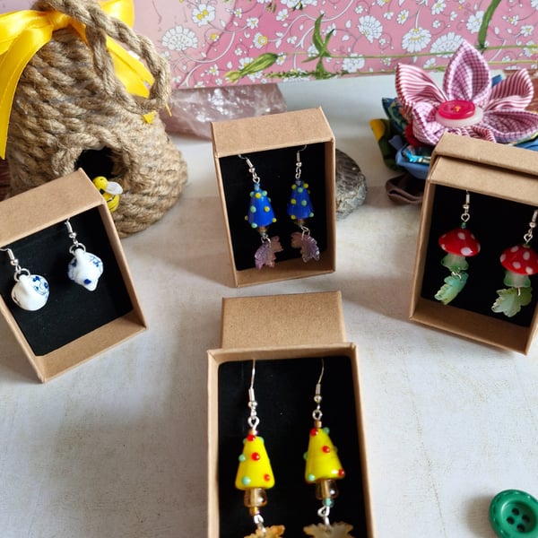 Autumnal Mushroom Earrings With Leaves.