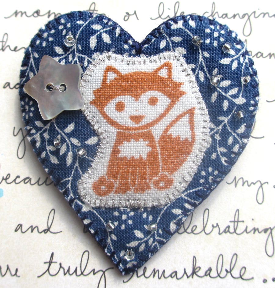 Midnight Blue Heart Fox Brooch. Lovely Textile Brooch. Beads. Boho, Woodland