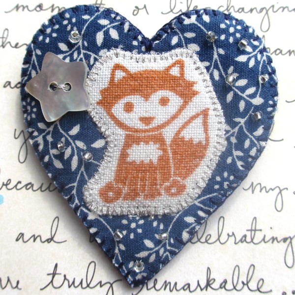 Midnight Blue Heart Fox Brooch. Lovely Textile Brooch. Beads. Boho, Woodland