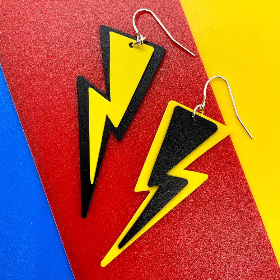 80’s vibe yellow and black lightning bolt earrings